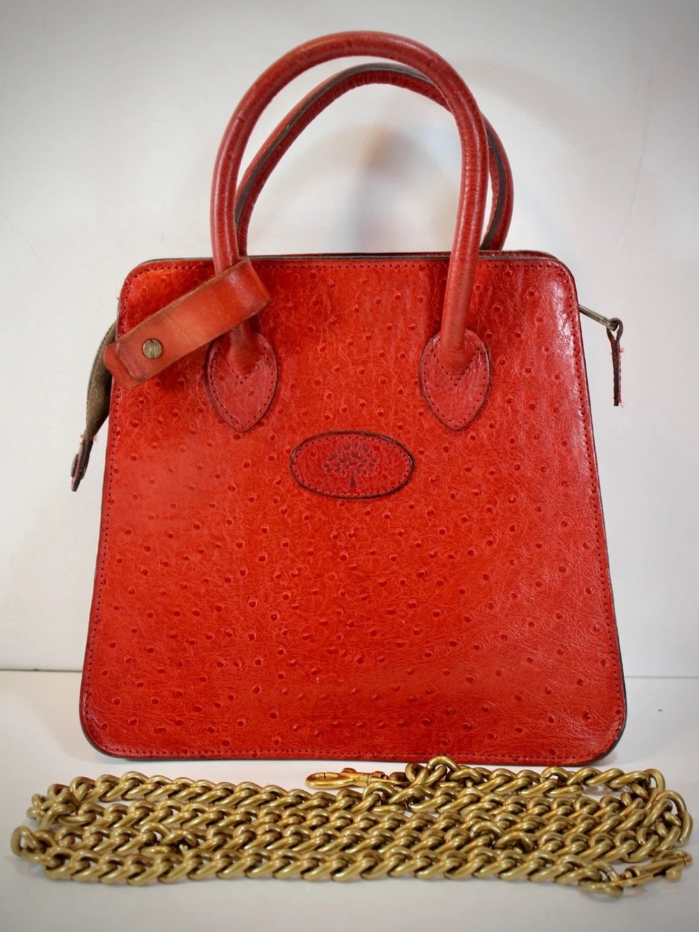 Mulberry Red Ostrich-Embossed Top-Handle Satchel with Gold Chain